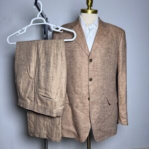 Inserch 2-Piece Suit Mens 38R 31x30 Brown Herringbone 100% Linen 3-Button Blazer